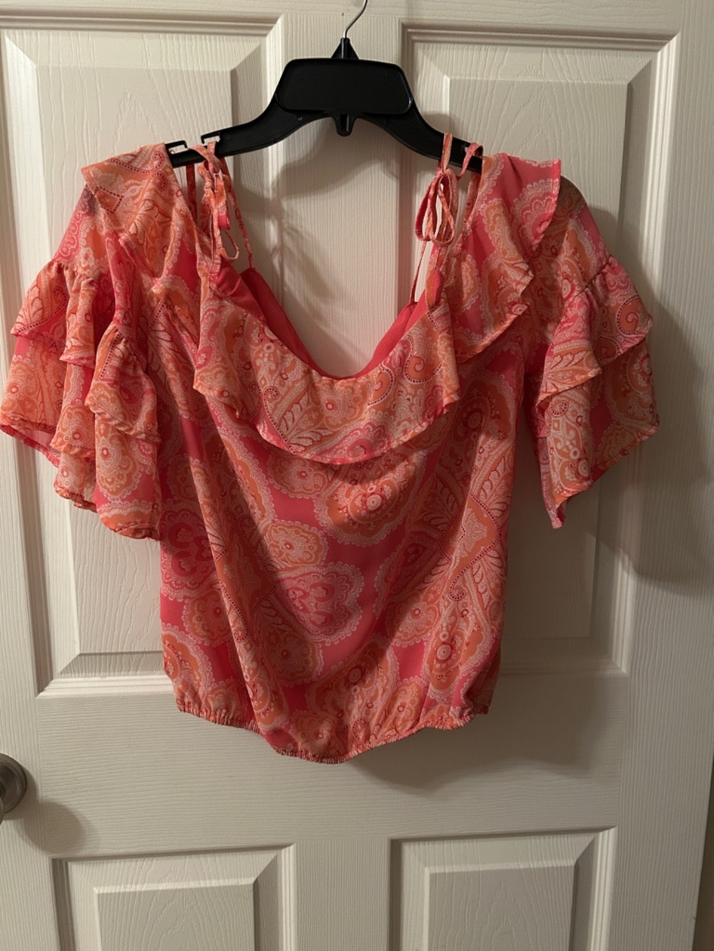 Paisley Cold-Shoulder Ruffle Blouse in Coral